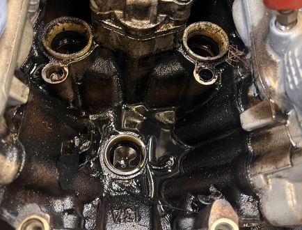 Engine block and internal components inspected during engine reconditioning